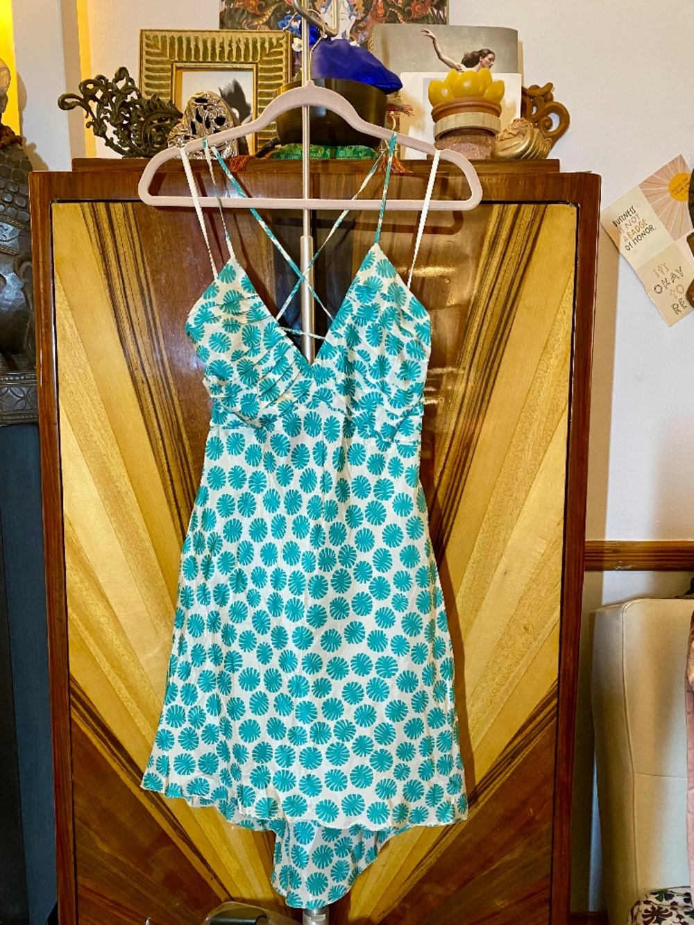 Patrizia Pepe Italy Silk Turquoise Off White Asymmetrical High Low Midi Dress 4